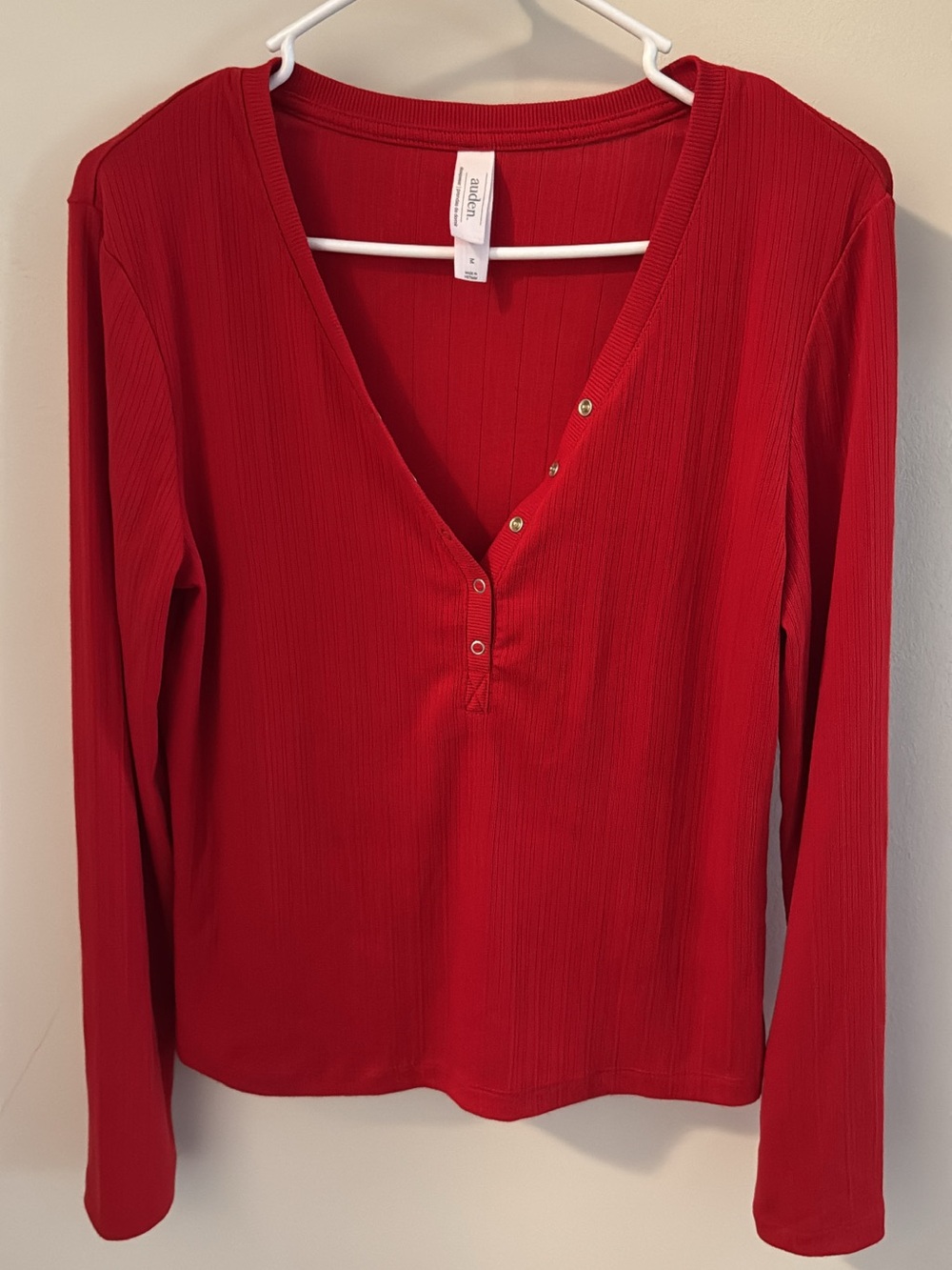 Auden Red Ribbed Henley Long-Sleeve Top